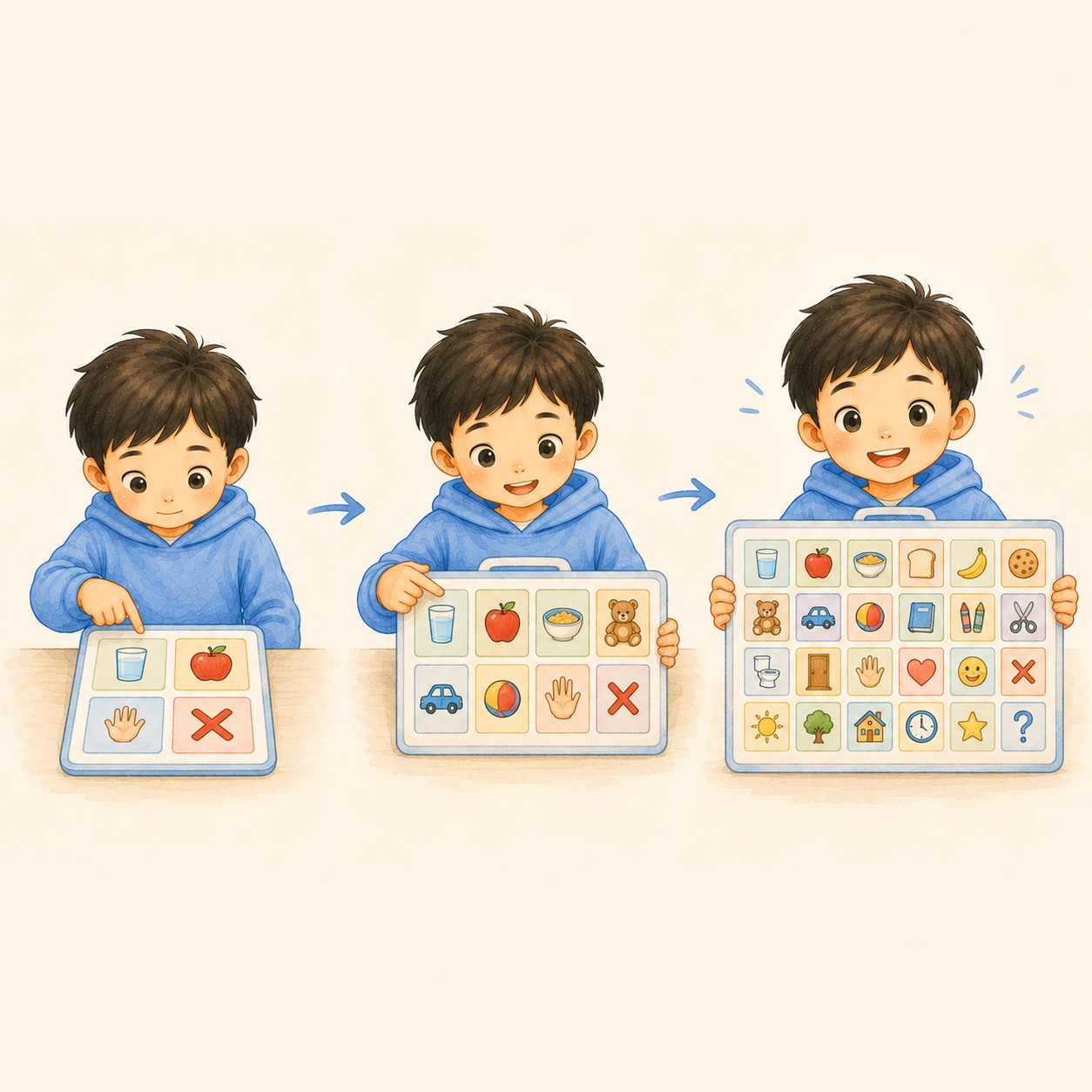 El tablero crece con el niño: de cuatro pictogramas a un sistema de comunicación completo