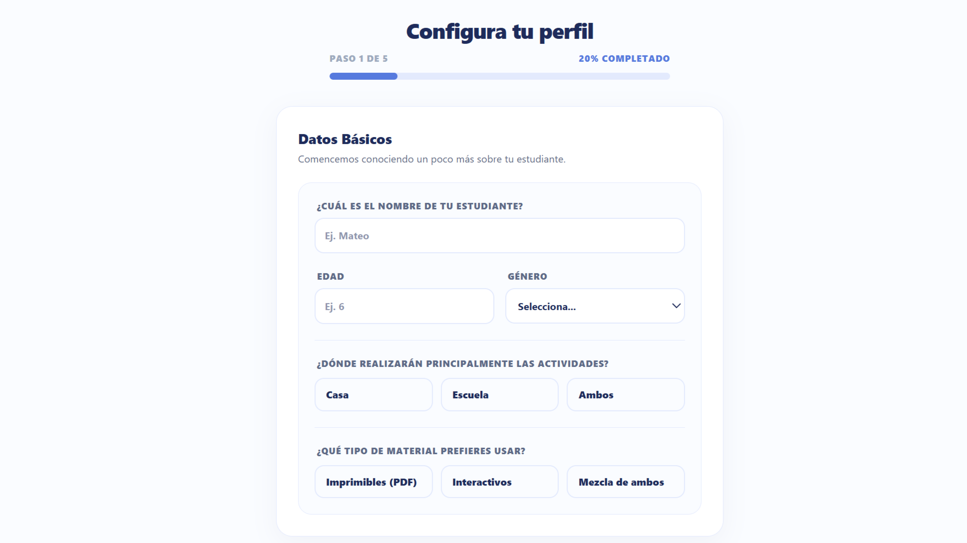 Formulario de configuración de perfil de estudiante o hijo