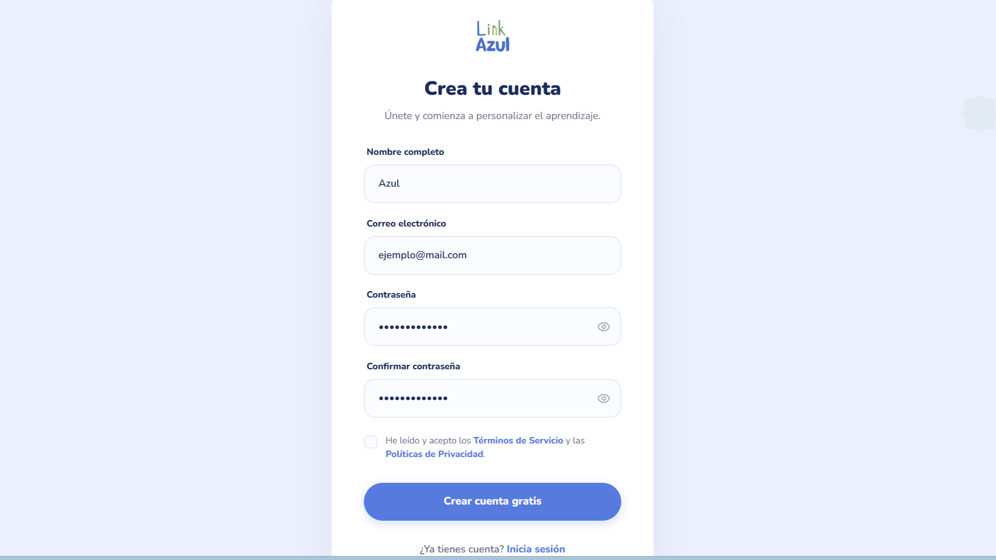 Formulario con campos de nombre, correo y contraseña